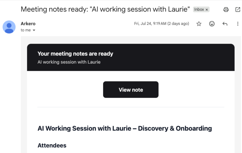 Chief of Staff emailing ready-to-review meeting notes with a link to the full note